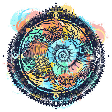 Big wave and sea shell color tattoo and t-shirt design. Symbol of adventures boho style. Great outdoors. Tsunami waves tattoo. Sea ammonite and storm