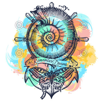 Sea shell, ammonite, anchor, steering wheel, butterfly, color tattoo art. Symbol of freedom, marine adventure tourism. Slogan follow dreams