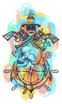 Pirate skull, revolver, anchor and lighthouse color t-shirt design