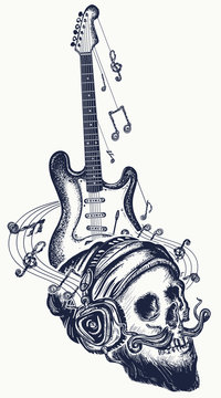 Guitar and human skull tattoo and t-shirt design. Electro guitar and music notes rock, symbol of hard rock, punk music, rock and roll art