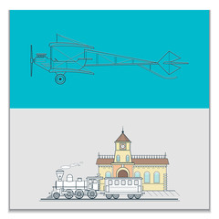 Retro biplane and old train, can be used for posters and cards, line vector illustration.
