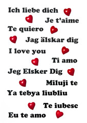 I love you in various world languages with red hearts like a concept of international love and Valentine day