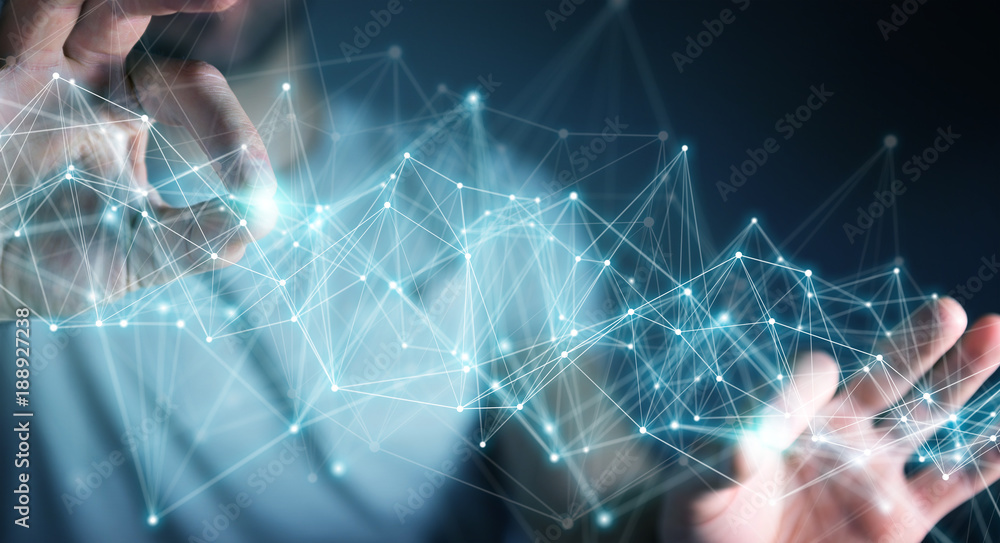 Poster businessman using flying network connection 3d rendering