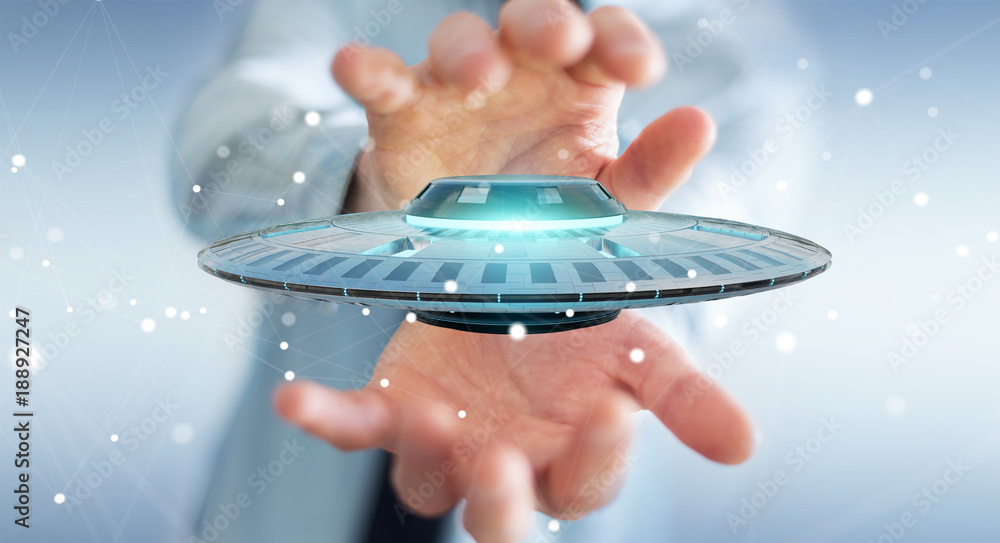 Poster businessman with retro ufo spaceship 3d rendering