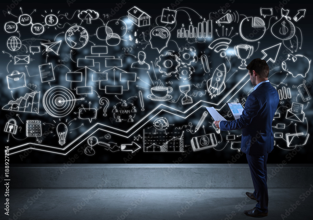 Poster businessman watching a project sketch on a rooftop 3d rendering