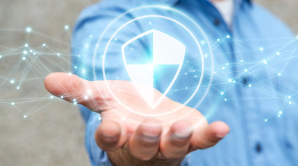 Businessman using shield safe protection with connections 3D rendering