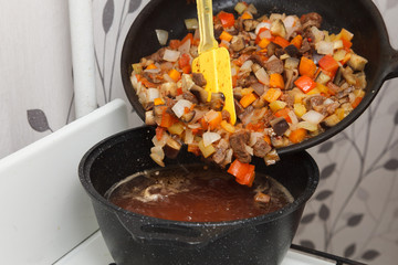 add stew meat and vegetables in soup