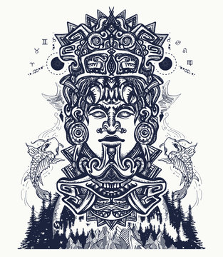 Ancient aztec totem and mountains, Mexican god. Ancient Mayan civilization. Indian mayan carved in stone tattoo art. Mayan tattoo and t-shirt design