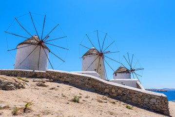 Famous traditional windmills on Mykonos island. The windmills can be seen from every point of the village of Mykonos. Greece