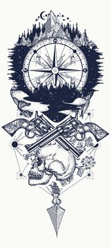 Compass and guns tattoo and t-shirt design. Wild west art. Symbol of wild west, robber, crime Outdoors t-shirt design