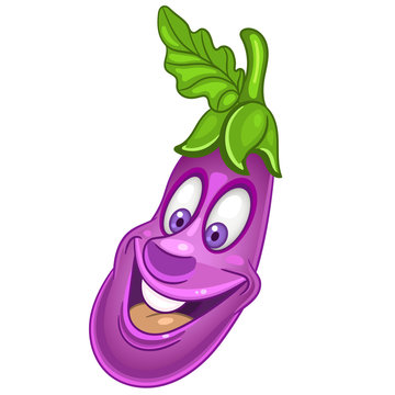 Cartoon Eggplant character. Happy Vegetable symbol. Eco Food icon. Design element for kids coloring book, colouring page, t-shirt print, logo, label, patch or sticker.