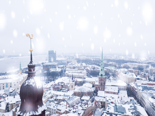 January 20, 2018. Aerial winter day in Riga Latvia. Beautiful old town covered with snow. Riga...