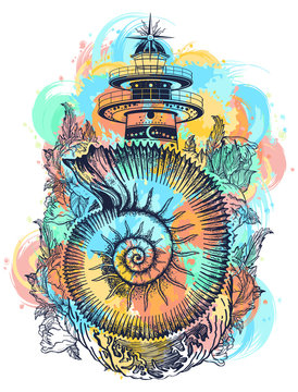 Lighthouse, roses and sea shell color tattoo water color splashes. Freemason, spiritual, illuminati, secret and mystical signs tattoo. Lighthouse in the storm, and ammonite fossil t-shirt design