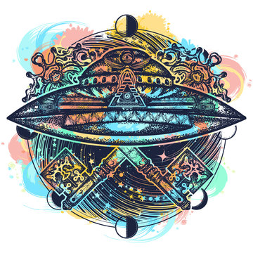 Ufo ship and vintage magic key color tattoo water color splashes. Mystical esoteric symbol of secret knowledge. UFO and universe t-shirt design