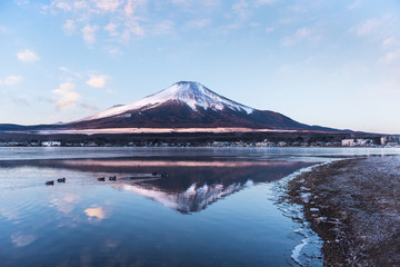 Fototapeta na wymiar Reflection of Mt.Fuji at lake yamanaka