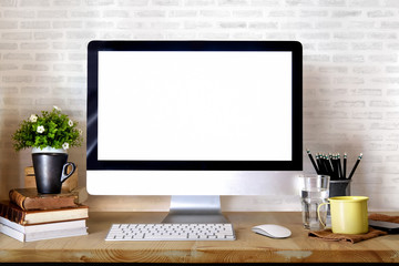 Mockup workspace, Desktop and blank screen monitor desktop computer and office supplies.
