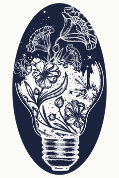 Symbol of the idea, creativity, creative, imagination, freedom. Light bulb tattoo and art nouveau flowers t-shirt design