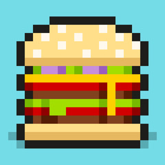 Pixel art, minimalistic double cheeseburger, flat fast food, vector design object, retro web icon