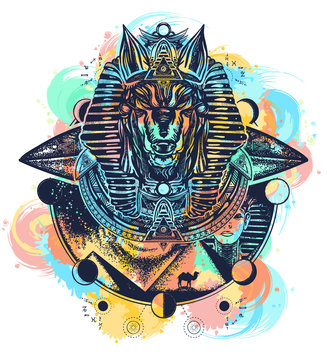 Anubis watercolor splashes color tattoo and t-shirt design. Anubis, god of war, Golden Mask of the Pharaoh, Egypt tattoo art. Paleocontact concept