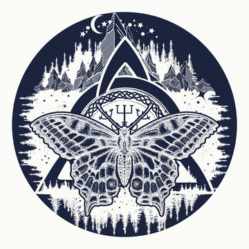 Scandinavian symbols of Vikings, travelers, mascot. Celtic tattoo boho style, t-shirt design. Celtic trinity knot and butterfly, Helm of Awe, aegishjalmur, tattoo