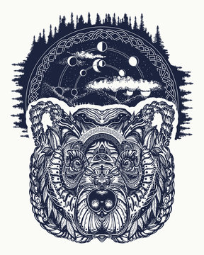 Bear tattoo art, symbol travel and tourism. Abstract head of bear. Portrait grizzly. Symbols hipsters travelers. Portrait of bear in night forest tribal tattoo and t-shirt design