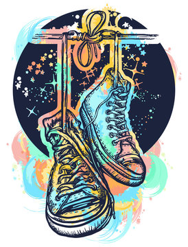 Symbol of freedom, street culture, graffiti, street art. Sneakers on wires in space. Boots hanging from electrical wire tattoo and t-shirt design water color splashes.