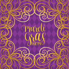 Mardi Gras vector hand lettering greeting card. Fat, Shrove Tuesday poster, invitation on ornate pattern background.