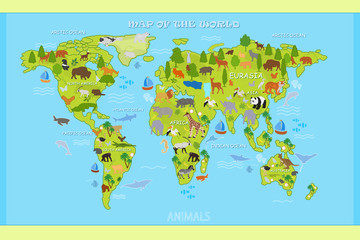 Obraz premium Vector map of the world with animals and plants