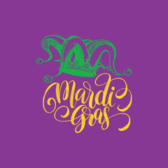 Mardi Gras vector hand lettering greeting card. Fat Tuesday invitation with Jester Hat illustration.Carnival background.