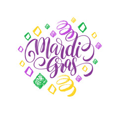 Mardi Gras vector hand lettering. Fat or Shrove Tuesday greeting card, invitation, poster with carnival patterns.