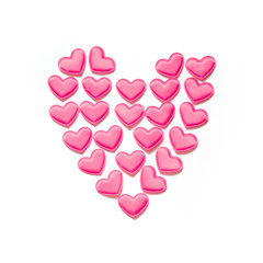 Obraz premium Pink hearts as shape and gift with red ribbon on white background. Top view. Valentine's card. Concept.