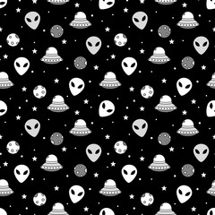 Monochrome space themed seamless pattern with alien face and ships - 188932058
