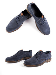 Male blue leather shoe on white background, isolated product, comfortable footwear.