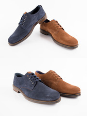 Male brown and blue leather shoe on white background, isolated product, comfortable footwear.