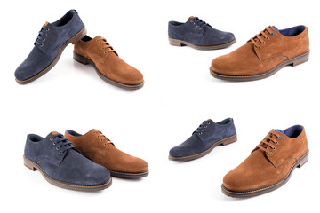 Male brown and blue leather shoe on white background, isolated product, comfortable footwear.