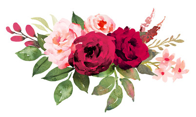 Flower bouquet with red and pink roses. Watercolor hand-painted illustration