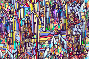 Fototapeta premium Vector seamless pattern with fictional gothic city. Daytime. Hand drawn.