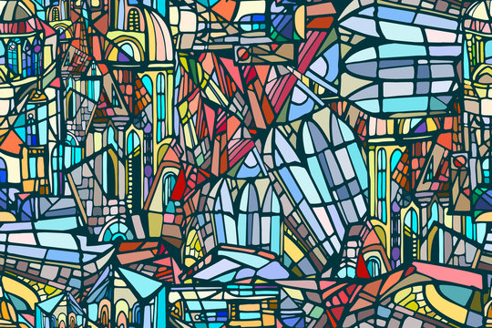 Vector seamless mattern with abstract fantasy gothic city. Background with decorative gothic roofs, windows and towers. Stained glass texture. Hand drawn.
