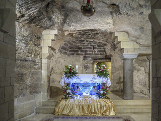 Nazareth, Israel - Interior of the Basilica of the Annunciation. The church marks the site where...