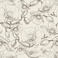Graphic orchid flowers seamless pattern