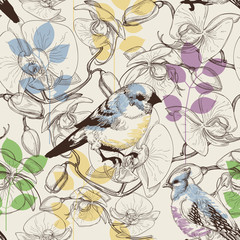 Cute birds and flowers seamless pattern