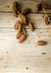 Dried dates with a copy space on the wooden background, wooden texture