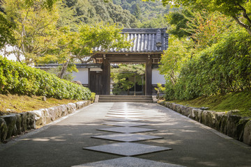 Detail of old gates with trees in autumn in historical district in Kyoto, Japan © abyrvalg_00