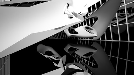 Abstract dynamic interior with black smooth objects. 3D illustration and rendering