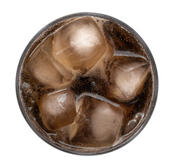 Cola with ice cubes in glass top view isolated on white background, clipping path included