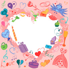 Colorful Hand Drawn Valentines Day Symbols. Children's Funny Doodle Drawings of Hearts, Gifts, Rings, Balloons and Candle. Vector Illustration.
