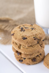 Closeup of Milk and Chocolate biscuit on table