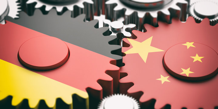 China and Germany flags on metal cogwheels. 3d illustration