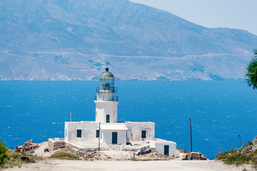 Fototapeta na wymiar The Armenistis Lighthouse located on the island of Mykonos, Greece, Europe.