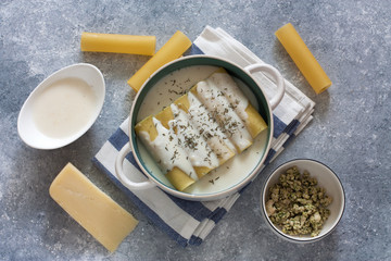 Pasta canneloni stuffed with mince